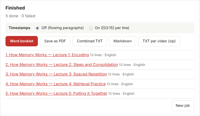 The finished screen with buttons for Word booklet, Save as PDF, Combined TXT, Markdown and TXT per video