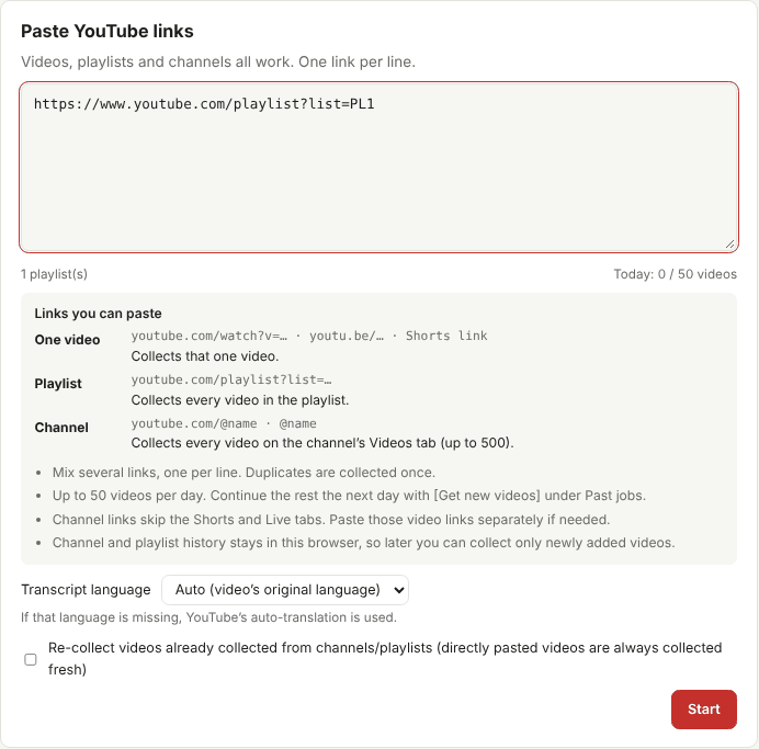 The TranscriptBinder dashboard with a playlist link pasted into the input box