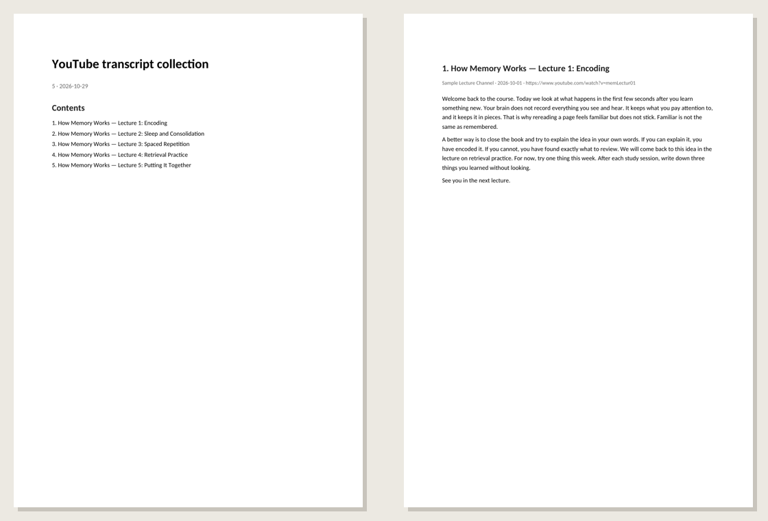 Two pages of a Word booklet: the contents page and the first video